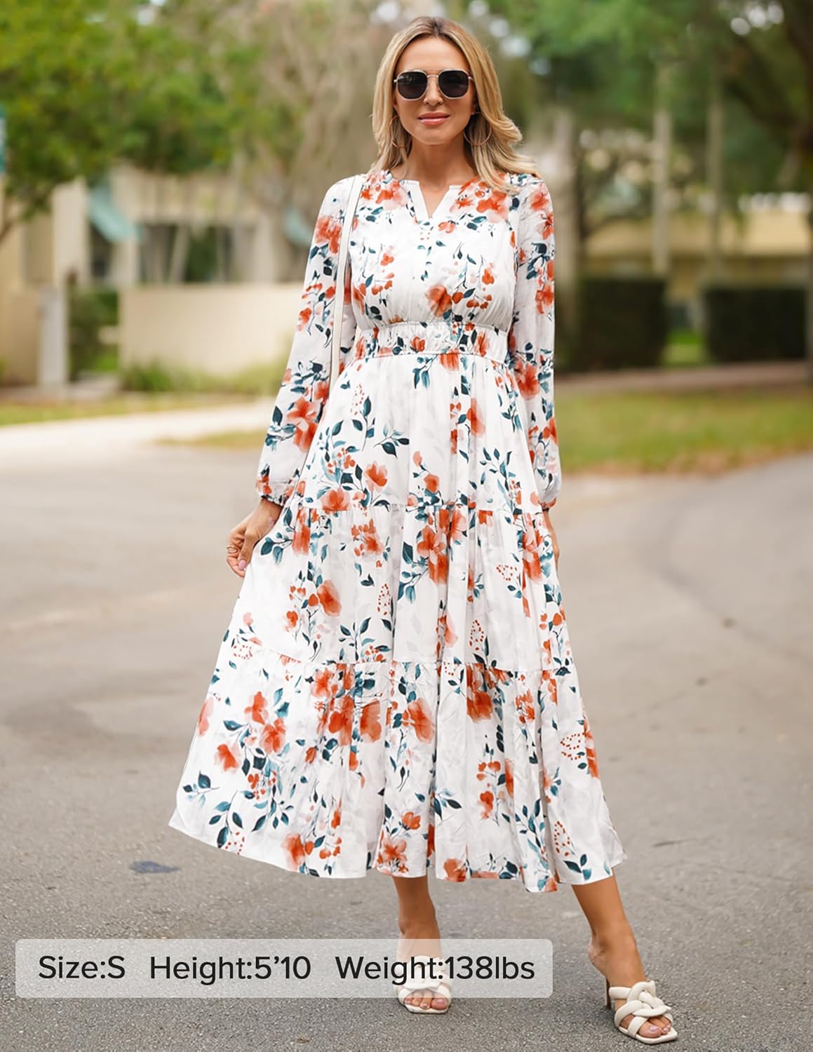 ZESICA Spring Dresses for Women 2026 Long Sleeve Boho Floral V Neck Empire Waist A Line Casual Flowy Wedding Guest Maxi Dress
