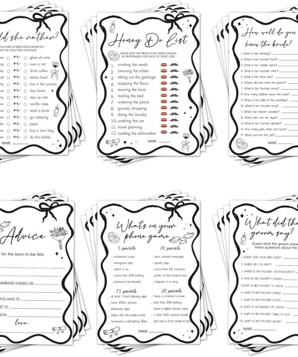 Bridal Shower Games Set of 6 Activities, Wedding Showers Games for Engagement Party Black Theme Decorations, Bridal Shower Game Guests, to Do List, Advice and Wishes