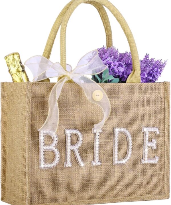 Bride Tote Bag Large Jute Tote Natural Wedding Shower Gift Bag with Gold Diamond &Ribbon Bridal Gifts for Bride to Be, Future Mrs, Engagement, Bachelorette Party GiftGold Outline