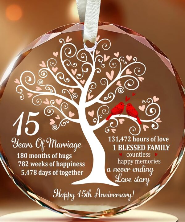 15th Wedding Anniversary Ornament for Parents Couple Wife Husband - Crystal Anniversary Wedding Gift Ideas - Christmas Glass Ornament for 15 Years Marriage