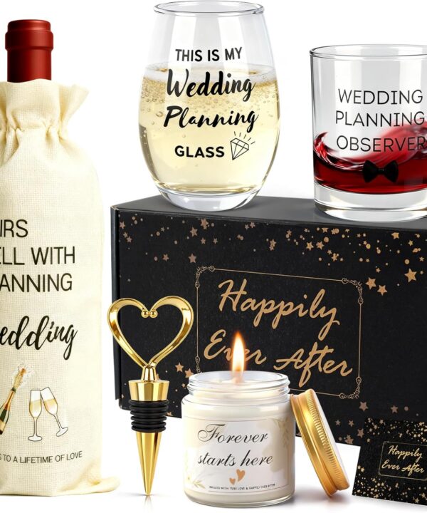 Mason Life Engagement Gifts for Couples, Fiance Fiancee Wine Glasses with Wine Bag, Wedding Gift Glass Set for His and Hers Husband and Wife, Best Wedding Gift for Newly Engaged Couple