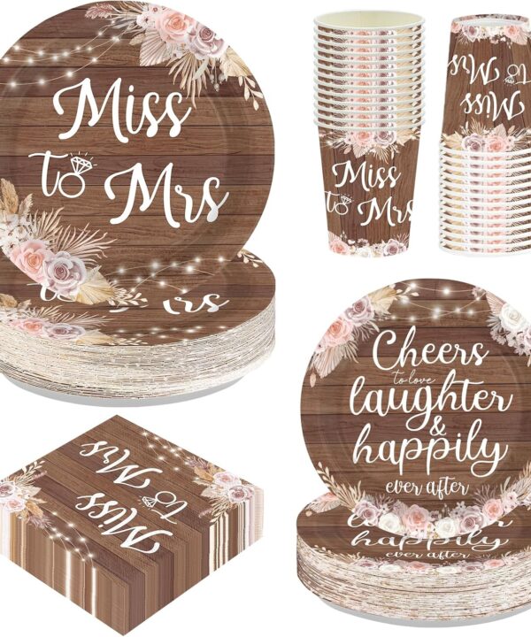 250Pcs Boho Bridal Shower Decorations Brown Floral Plates and Napkins Miss to Mrs Decorations Favors for Valentines Day Rustic Wood Wedding Engagement Dinner Party Supplies Serves 50