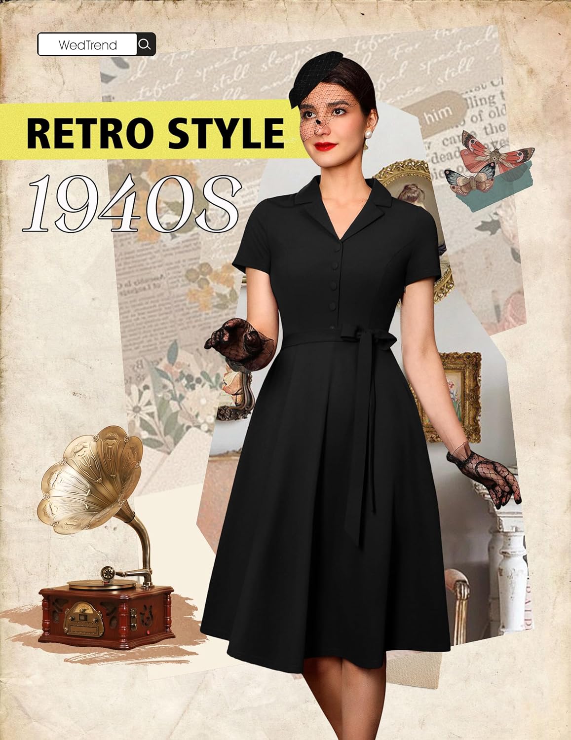 Wedtrend Womens Vintage Tea Dress, Short Sleeve Cocktail Party Dress Work Church Casual Dress