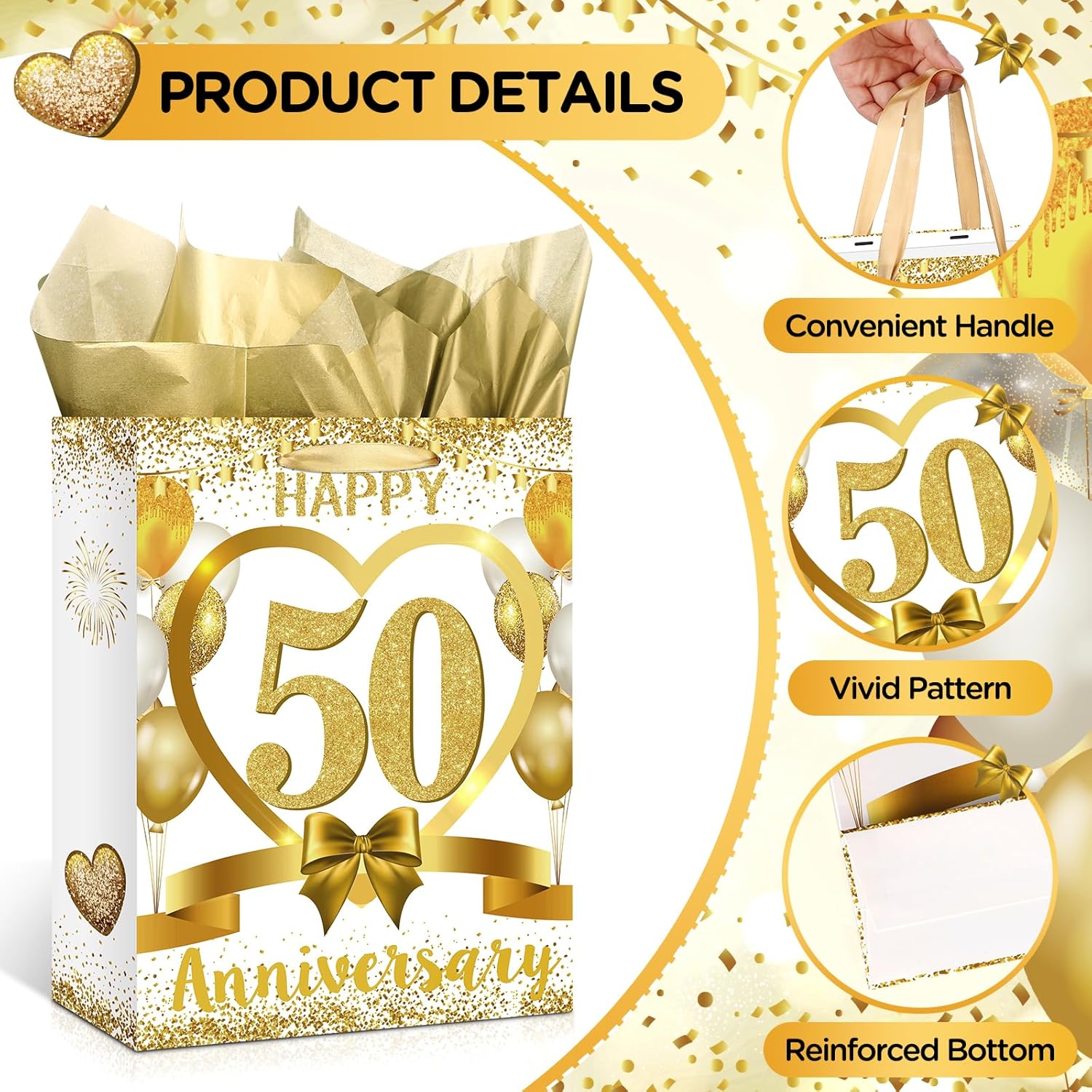 White Gold Happy 50th Anniversary Paper Gift Bag with Tissue Papers and Card, Gold Party Gift Wrapping Bag Treat Bag for Golden Wedding Anniversary Decorations