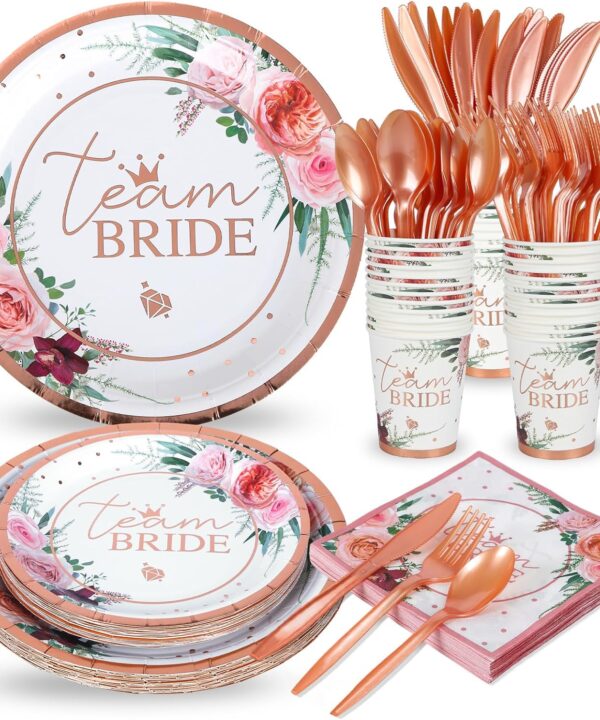 168 PCS Team Bridal Shower Party Supplies Serve 24 Guests Floral Plates and Napkins Disposable Dinnerware Sets for Rose Wedding Engagement Tea Party Bachelorette Decorations
