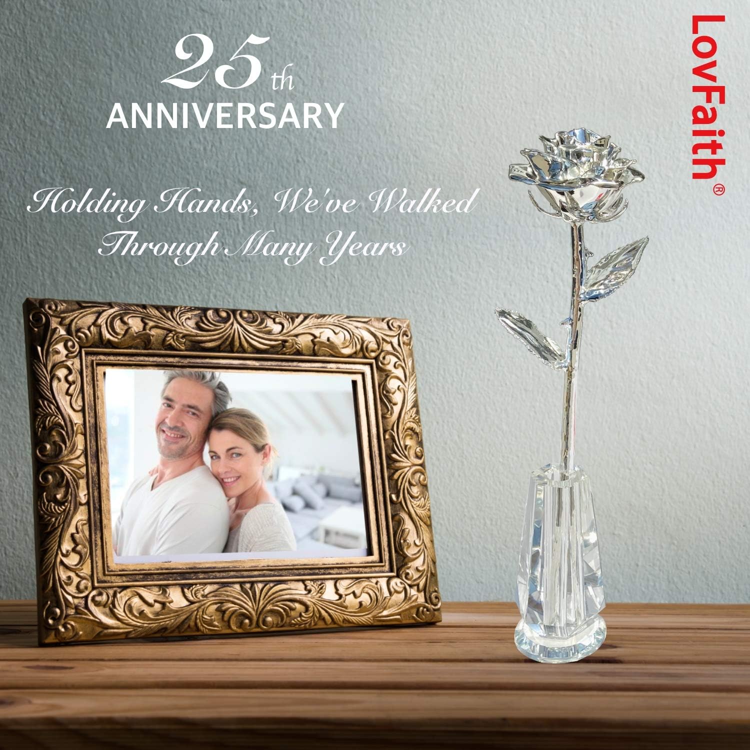 Valentine Gift Real Rose Dipped Thick Sterling Silver with Crystal Stand, Best 25th Anniversary Silver Rose Gift for Her Wife Mother Birthday Christmas (B2. Sterling Silver -Blooming)