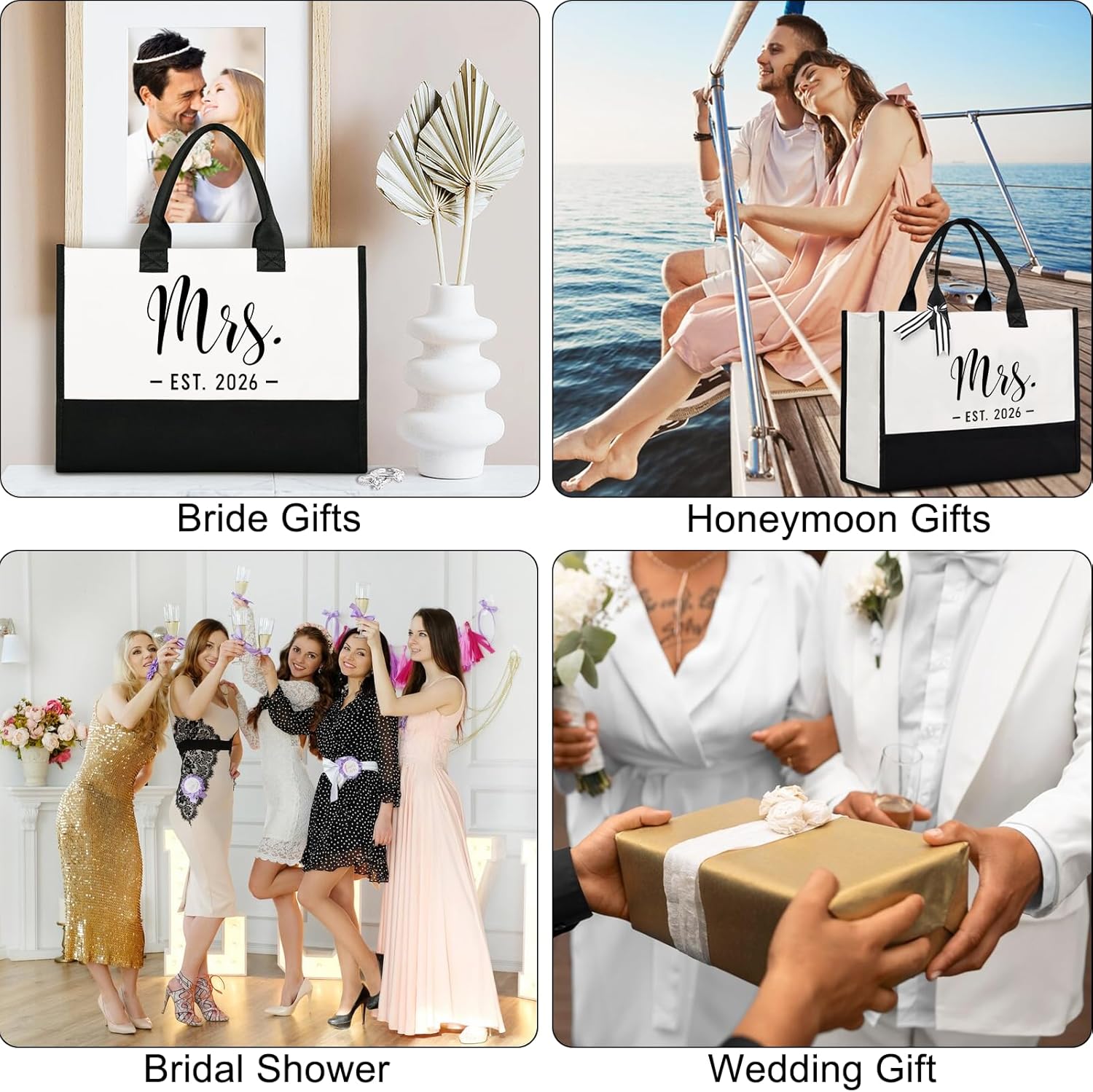 Lamyba Bride Tote Bag,Bridal Shower/Bachelorette Party/Wedding Day Gifts for Bride To Be,Mrs Bag EST 2026,Interior Pocket,Black and White