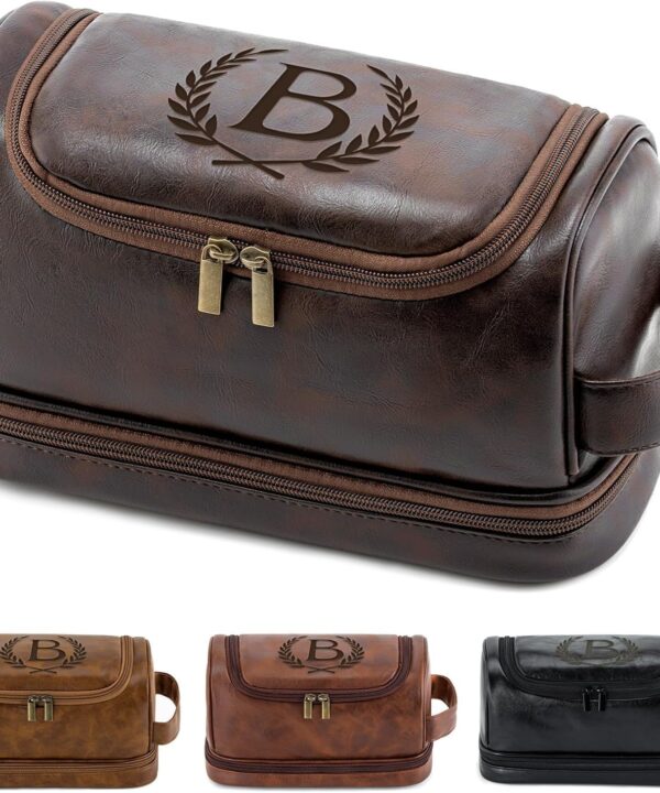 Personalized Mens Toiletry Travel Bag Groomsmen Gifts Best Man Proposal Gifts Bachelor Party Favor, Waterproof PU Leather Shaving Bag for Toiletries Accessories Travel Essential, Dark Brown B