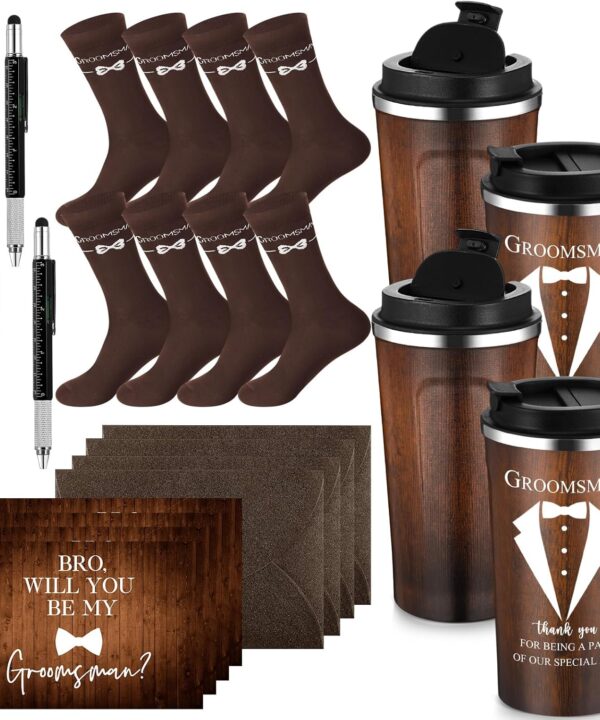 Nuanchu Groomsmen Gifts Wedding Proposal Gift Groomsman Sign 17oz Coffee Mug Groomsman Socks Multi Tool Metal Ballpoint Pen with Greeting Card Envelope for Groomsmen (4 Set, Brown)