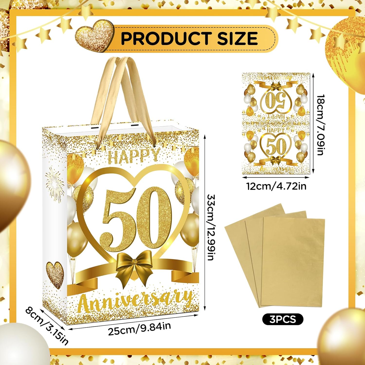 White Gold Happy 50th Anniversary Paper Gift Bag with Tissue Papers and Card, Gold Party Gift Wrapping Bag Treat Bag for Golden Wedding Anniversary Decorations