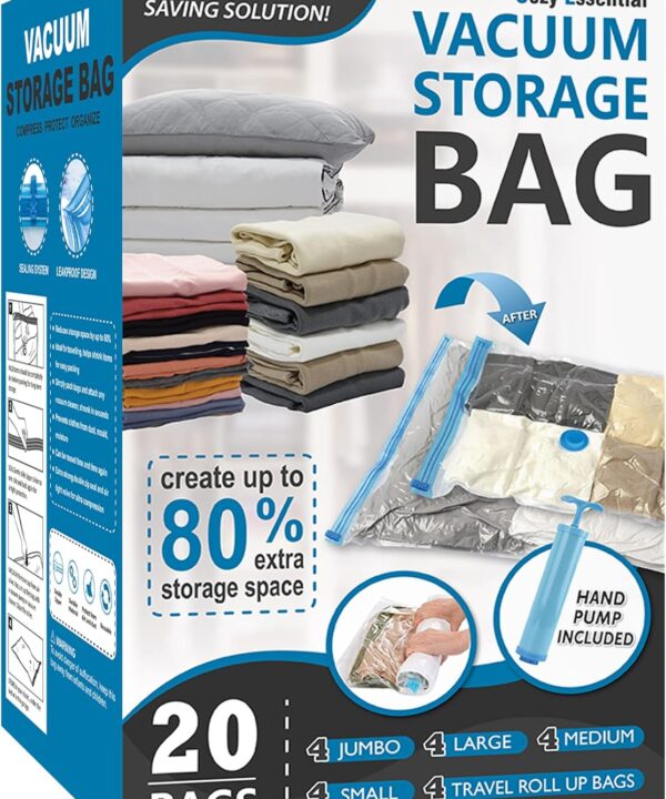 Cozy Essential 20 Pack Vacuum Storage Bags, Space Saver Bags (4 Jumbo/4 Large/4 Medium/4 Small/4 Roll) Compression for Comforters and Blankets, Pillow, Bedding, Sealer Clothes Storage