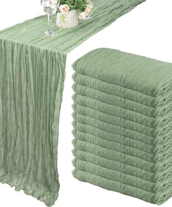 12 Pack 10Ft Cheesecloth Table Runner 35x120 Inch Boho Gauze Table Runner Cheese Cloth Long Romantic Table Runners for Wedding Bridal Shower Birthday Party Table Decor (Dusty Sage Green)