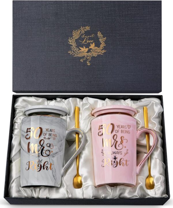 Biching 50th Wedding Anniversary for Couples, Golden 50th Anniversary Mugs Gifts for Parents Grandparents, 14Oz 50th Wedding Couple Mugs with Spoons, Lids, Greeting Card, Gift Box