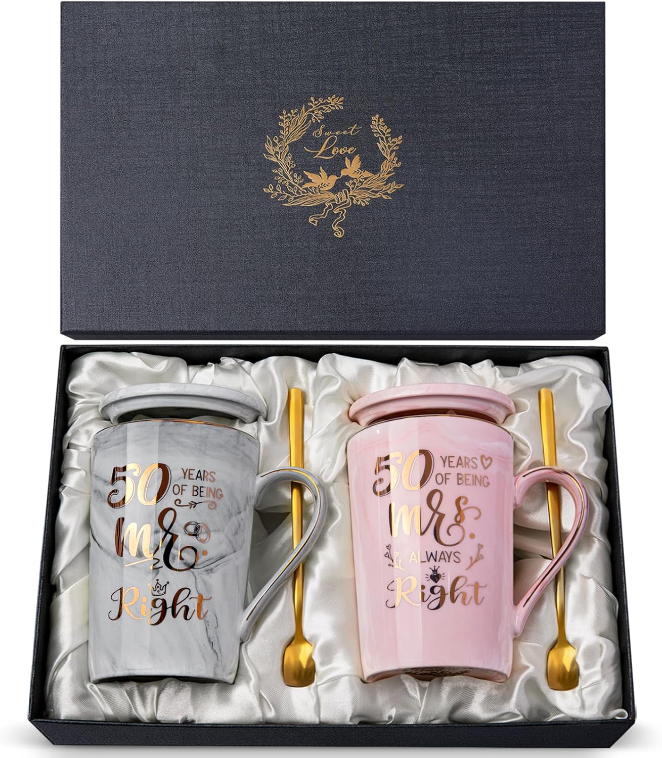 Biching 50th Wedding Anniversary for Couples, Golden 50th Anniversary Mugs Gifts for Parents Grandparents, 14Oz 50th Wedding Couple Mugs with Spoons, Lids, Greeting Card, Gift Box