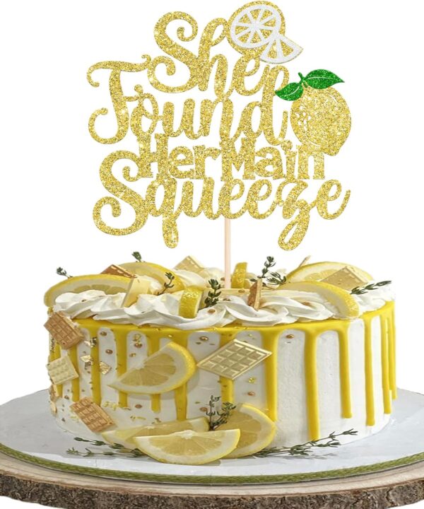 Rsstarxi 1 Pack She Found Her Main Squeeze Cake Topper Gold Glitter Bridal Shower Cake Pick for Lemon Theme Wedding Engagement Bachelorette Party Cake Decorations Supplies
