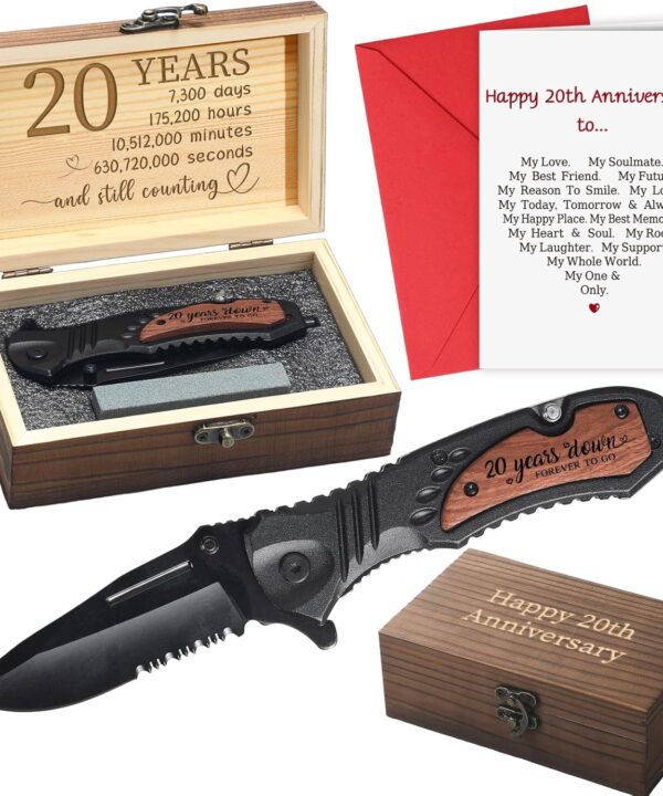 20 Years Anniversary Keepsake Gifts for Him Men Husband Engraved Pocket Folding Knife with Wood Box Tin Anniversary Customized Wedding Birthday Gifts for Men Outdoor Camping Activity