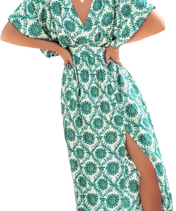 CUPSHE Women Boho Maxi Summer Dress Plunging V Half Dolman Sleeve Empired Waist Side Slit Sundress Holiday Beach Dresses