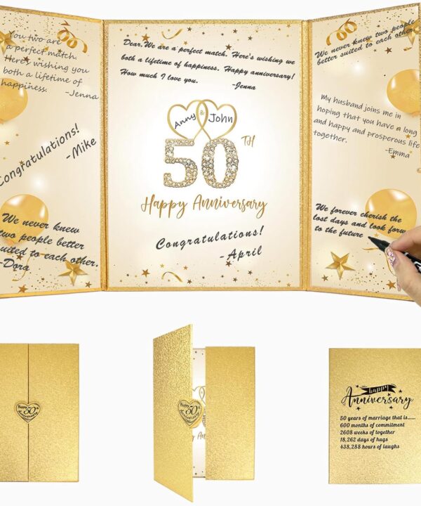 Trgowaul Gold 50th Wedding Anniversary Decorations, Happy 50th Anniversary Guest Book Alternative, 50th Anniversary Signature Book, White Gold Gift Card for 50 Years Wedding Anniversary Party Supplies
