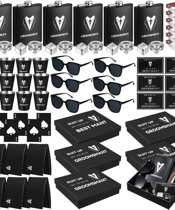 Mimorou 66 Pcs Groomsmen Proposal Gifts - Shot Glasses, Stainless Steel Ice, Flask, Funnel, Gift Boxes, Sunglasses, Knives, Bottle Opener, Cards, Wallets for Wedding Groomsmen Present Set