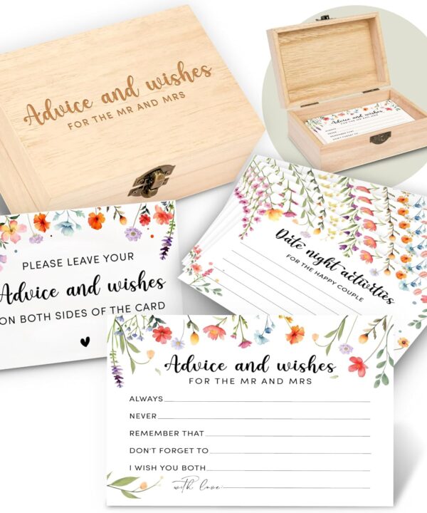 Advice And Wishes For The Mr And Mrs - 50 Pcs Flower Wedding Advice Cards Box, Floral Bridal Shower Games Advice And Wishes Cards For Bride And Groom, Wildflower Bridal Shower Decorations