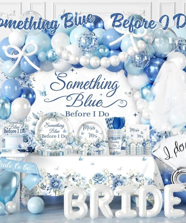 Cocomigo 271 PCS Something Blue Before I Do Bridal Shower Decorations Set, Serves 25, with Plates, Napkins, Balloon Arch, Veil & Sash, Backdrop & Banner for Blue Bridal Shower Decorations