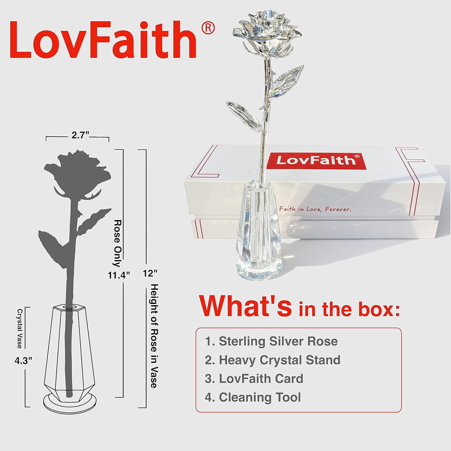 Valentine Gift Real Rose Dipped Thick Sterling Silver with Crystal Stand, Best 25th Anniversary Silver Rose Gift for Her Wife Mother Birthday Christmas (B2. Sterling Silver -Blooming)