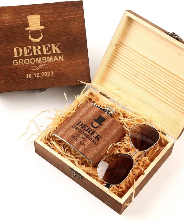 Personalized Flask Set, Mens Gifts, Engraved Flask & Wooden Sunglasses Gift Set, Groomsmen Gifts