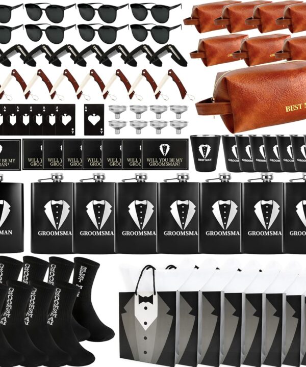 96 Pcs Groomsmen Gifts Groomsmen Proposal Gifts Set with Flask Shot Glasses Funnel Storage Bag Card Comb Knife Sunglasses Bottle Opener Bag Socks Paper for Wedding Party