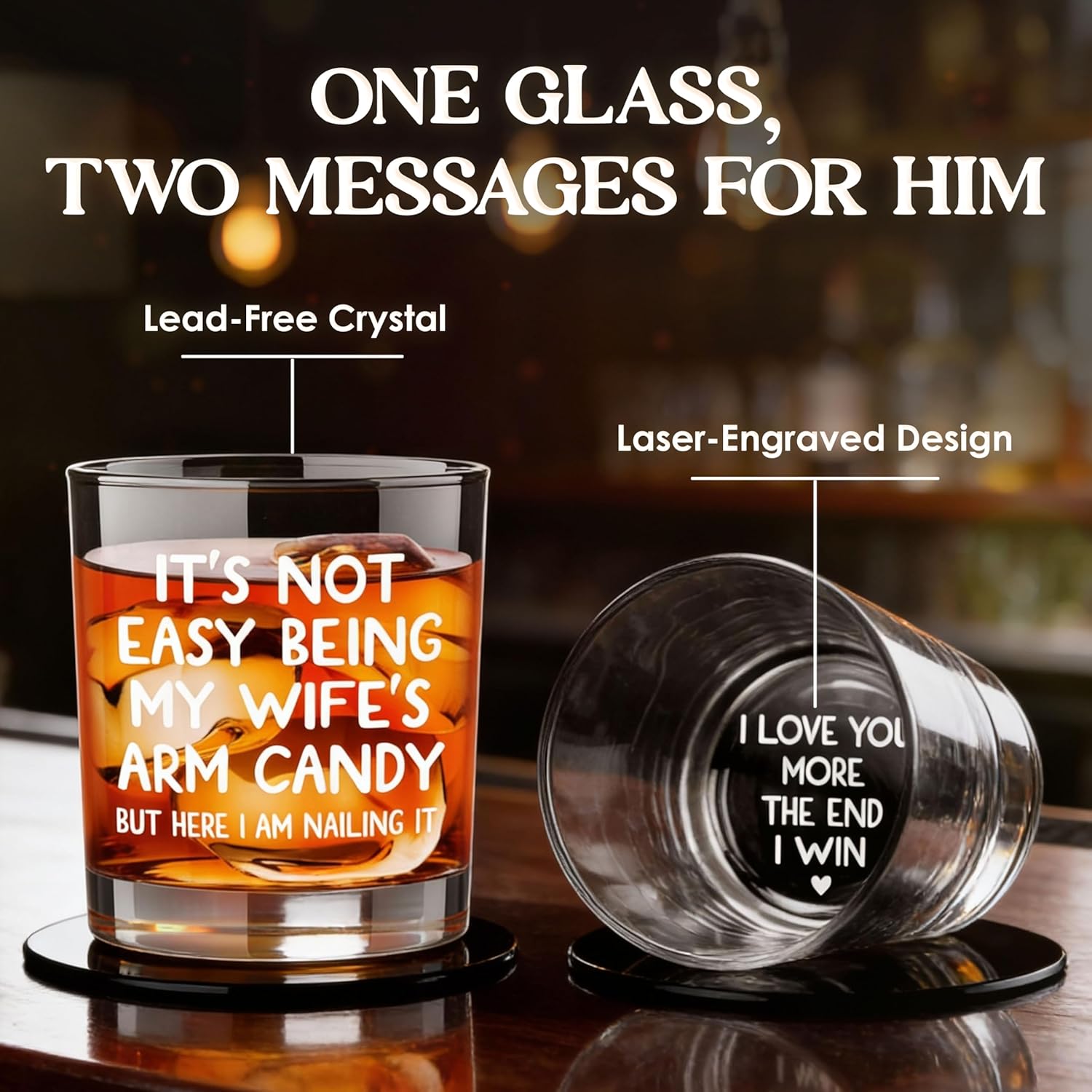 Husband Valentines Day Gifts – 11 oz Engraved Crystal Whiskey Glasses – Anniversary Wedding Gift for Him, Birthday Gifts for Husband from Wife, I Love You Gift for Him Men