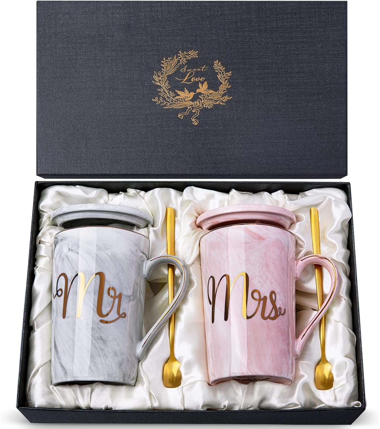 Biching Wedding Gifts for Couples 2026, Couple Gift for Anniversary - 14oz Ceramic Marble Mr and Mrs Mugs Set, Present for Bridal Shower Engagement Bride and Groom, with Greeting Card, Luxury Gift Box
