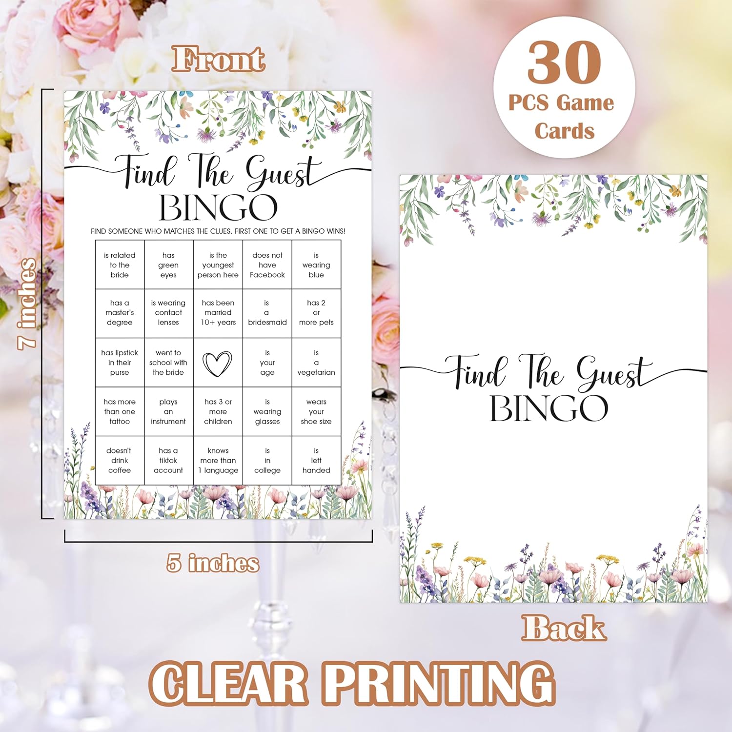 Wildflower Bridal Shower Games, Boho Flowers Find The Guest Bingo Game for 30 Guests with Game Cards, Bridal Shower Decor, Wedding Decorations Supplies (27)