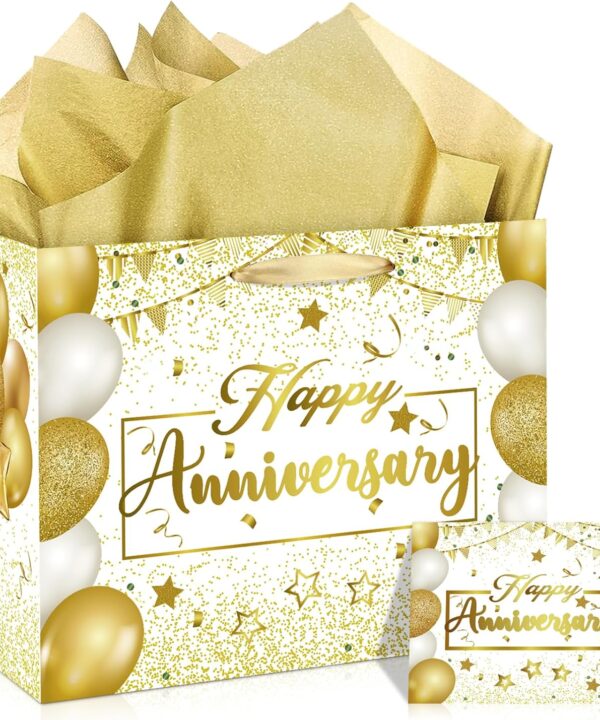 CASLON White Gold Anniversary Party Gift Bag with Tissue Papers and Card, White Gold Wedding Anniversary Paper Gift Wrapping Bag for Men Women Wedding Party Supplies 11.8''