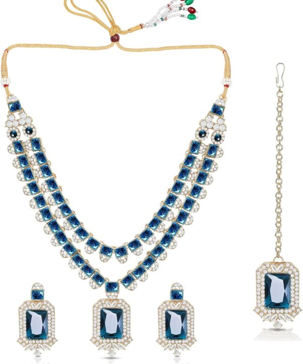 American/AD Two-Layered | Sparkling Square-Shaped Rhinestone Crystal Design Necklace | Dangle Earrings and Maang Tikka for Wedding Jewellery Set for Women