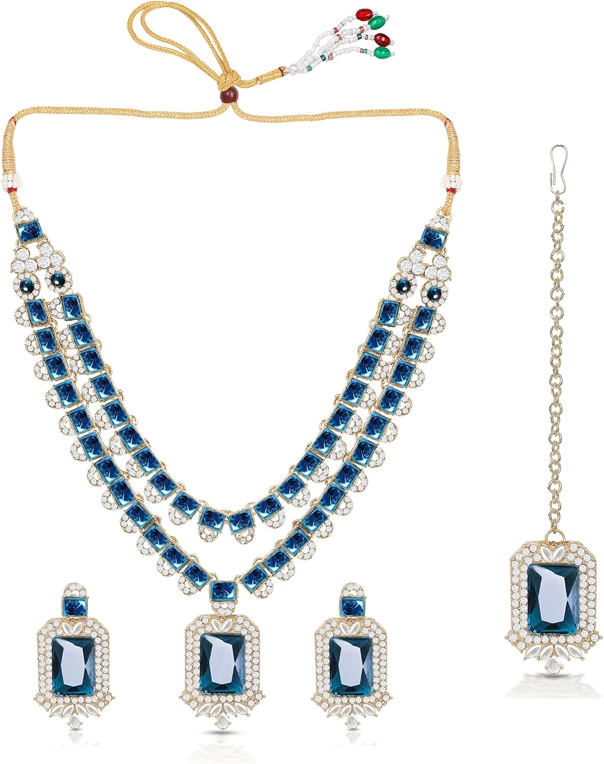 American/AD Two-Layered | Sparkling Square-Shaped Rhinestone Crystal Design Necklace | Dangle Earrings and Maang Tikka for Wedding Jewellery Set for Women