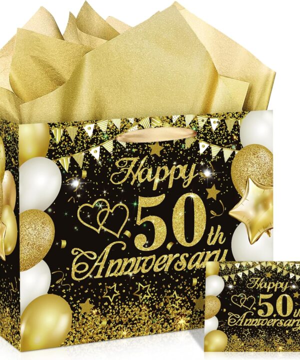 CASLON Black Gold 50th Anniversary Party Gift Bag with Tissue Papers and Card, 50th Wedding Anniversary Paper Gift Wrapping Bag for Golden Wedding Party Decor Supplies
