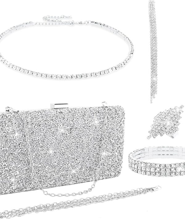 Women Jewelry Set Sparkly Rhinestone Choker Necklace Earrings Bracelets Bling Glitter Clutch Purse Accessories for Women Bride Wedding Bridal Bridesmaid Evening Party Prom