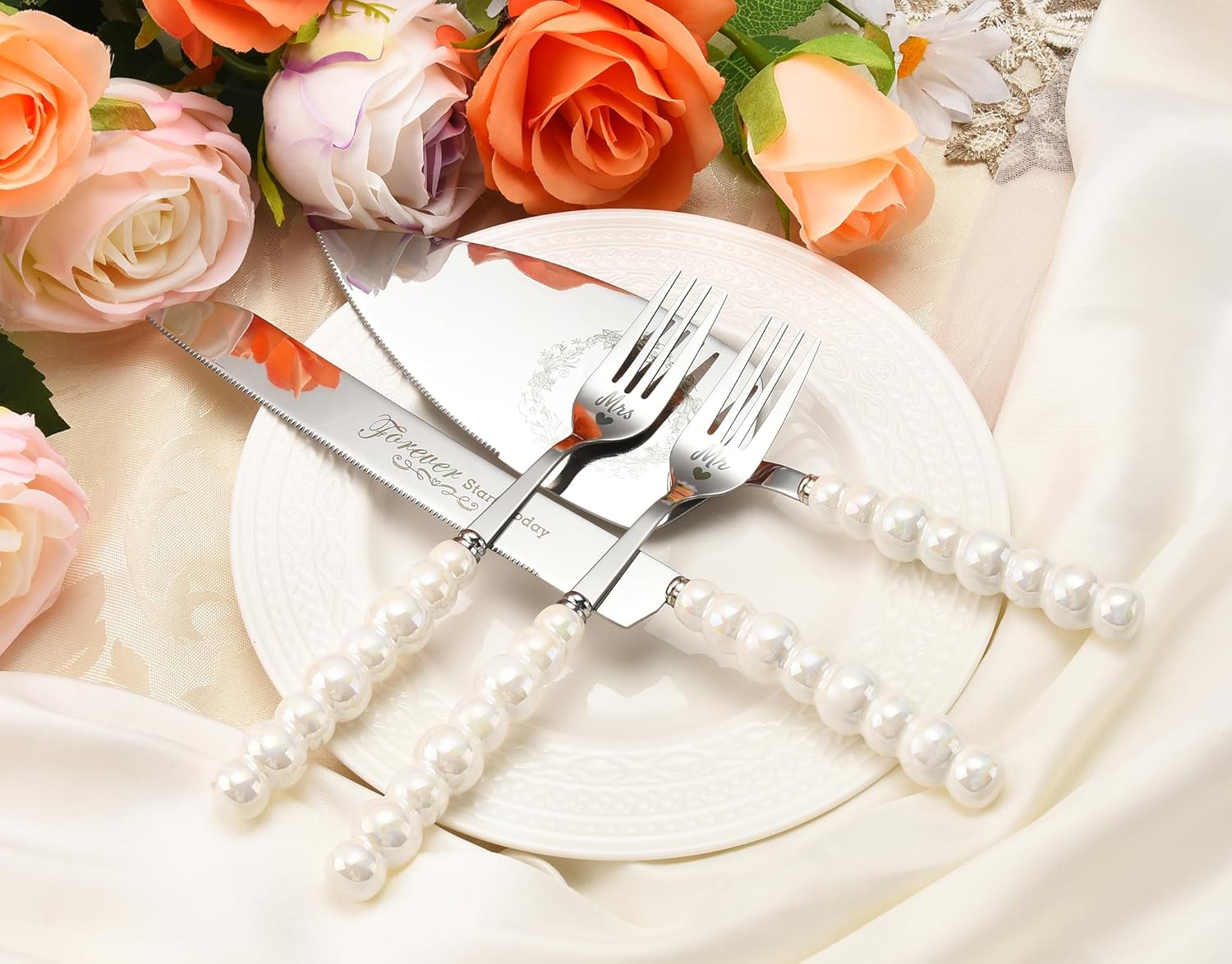 Wedding Cake Knife and Server Set, Ceramic Pearl Handle Cake Cutting Set for Weddings, Engagements, Anniversaries, and Engagement Gifts for Couples