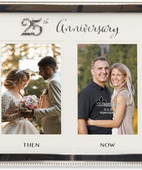 4x6 Double Silver Beaded Metal 25th Anniversary Picture Frame, Then and Now