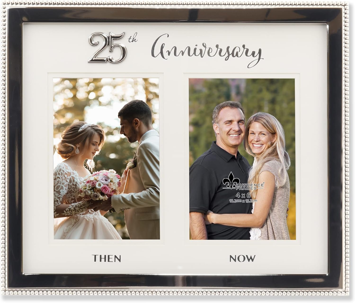 4x6 Double Silver Beaded Metal 25th Anniversary Picture Frame, Then and Now