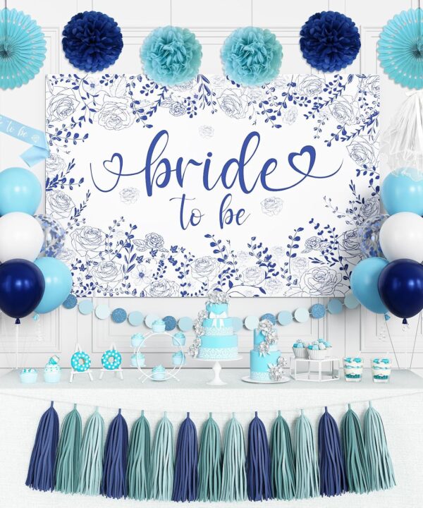 Blue Bridal Shower Decorations for Bachelorette Party, Wedding Shower & Engagement Wedding Favors, Includes Bride to Be Backdrop, Paper Pom Poms, Banner, Veil Sash, Paper Tassel