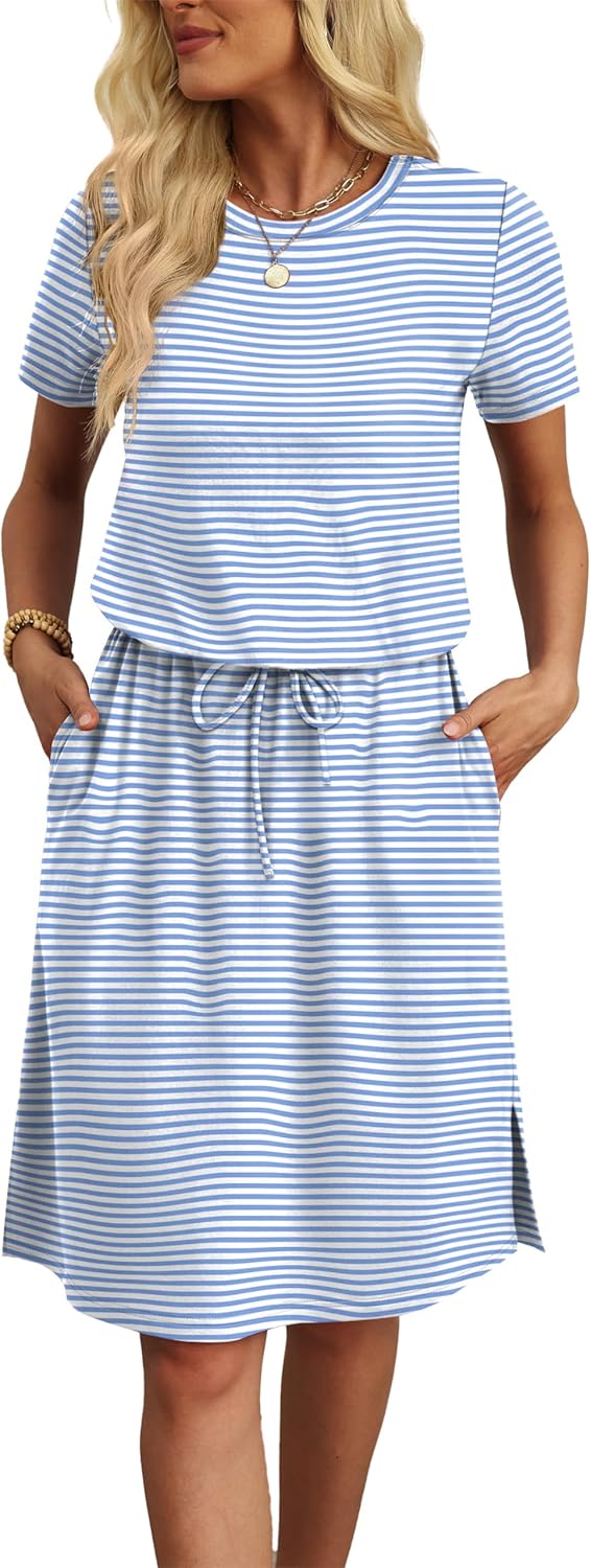 OFEEFAN Womens Summer Dresses Fashion Short Sleeve Crew Neck T Shirt Sundresses Casual Tie Waist with Pockets