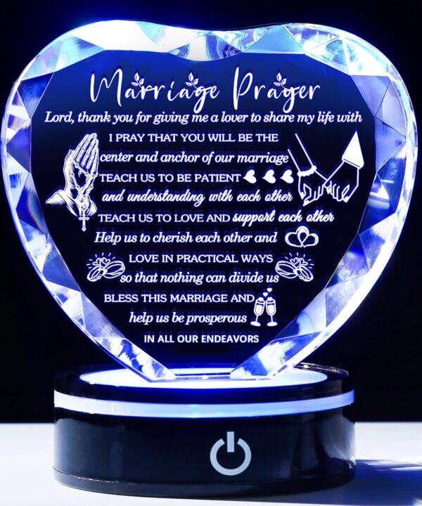 YWHL Wedding Gifts for Couples Crystal Heart Anniversary Marriage Prayer Plaque with Colorful LED Base Wedding Gift with Inspiring Quotes, Unique Newlywed Gifts Mr and Mrs Gifts Bridal Shower Gifts