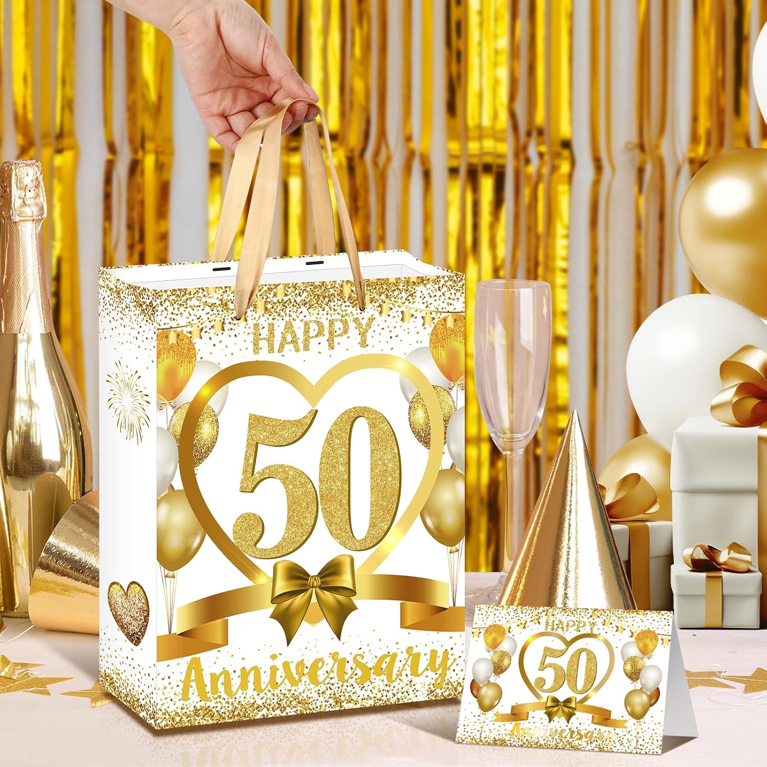 White Gold Happy 50th Anniversary Paper Gift Bag with Tissue Papers and Card, Gold Party Gift Wrapping Bag Treat Bag for Golden Wedding Anniversary Decorations