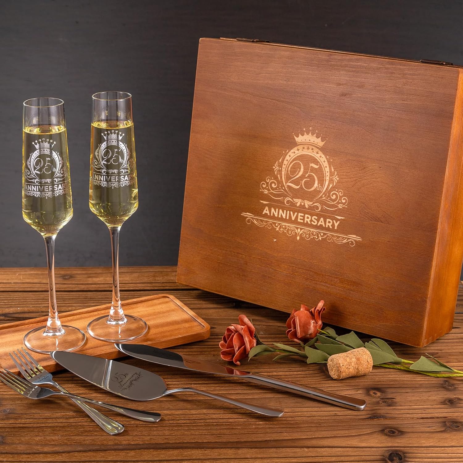 25th Anniversary Champagen Flutes Wedding Gifts for Couple, 25th Birthday Anniversary Decorations, Silver Cake Cutting Set for Wedding 25th Anniversary Presents