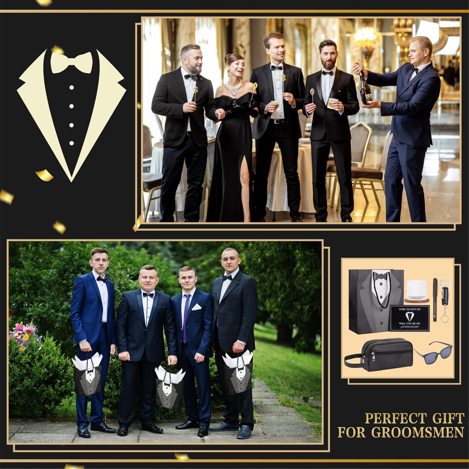 4 Sets Groomsmen Proposal Gifts, Proposal Bags with Spinning Whiskey Glasses PU Leather Toiletry Bag Best Man Bottle Opener Sunglasses Pen Card for Wedding Groomsman Best Man Gift