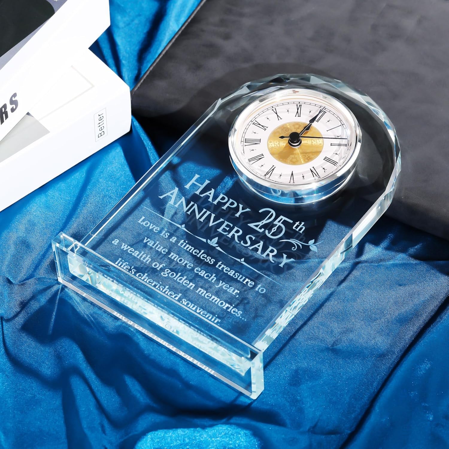 YWHL 25th Wedding Anniversary Clock Gifts for Couple, 25 Year Anniversary Keepsake Gifts for Husband/Wife, Glass Clock Decoration for 25 Years for Marriage (Battery not Included)