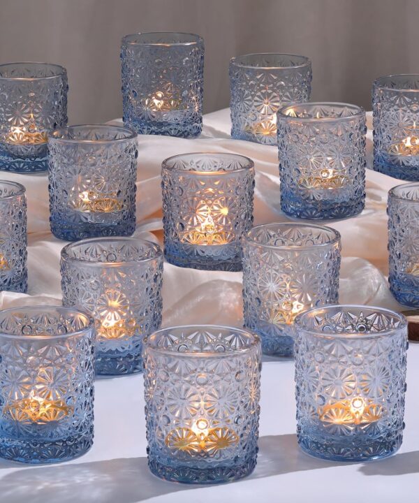 Blue Votive Candle Holder Set of 36, Flower Tea Lights Candles Holders for Wedding Table Centerpieces, Birthday Parties, Home Decor, Blue Bridal Shower and Holiday Decorations