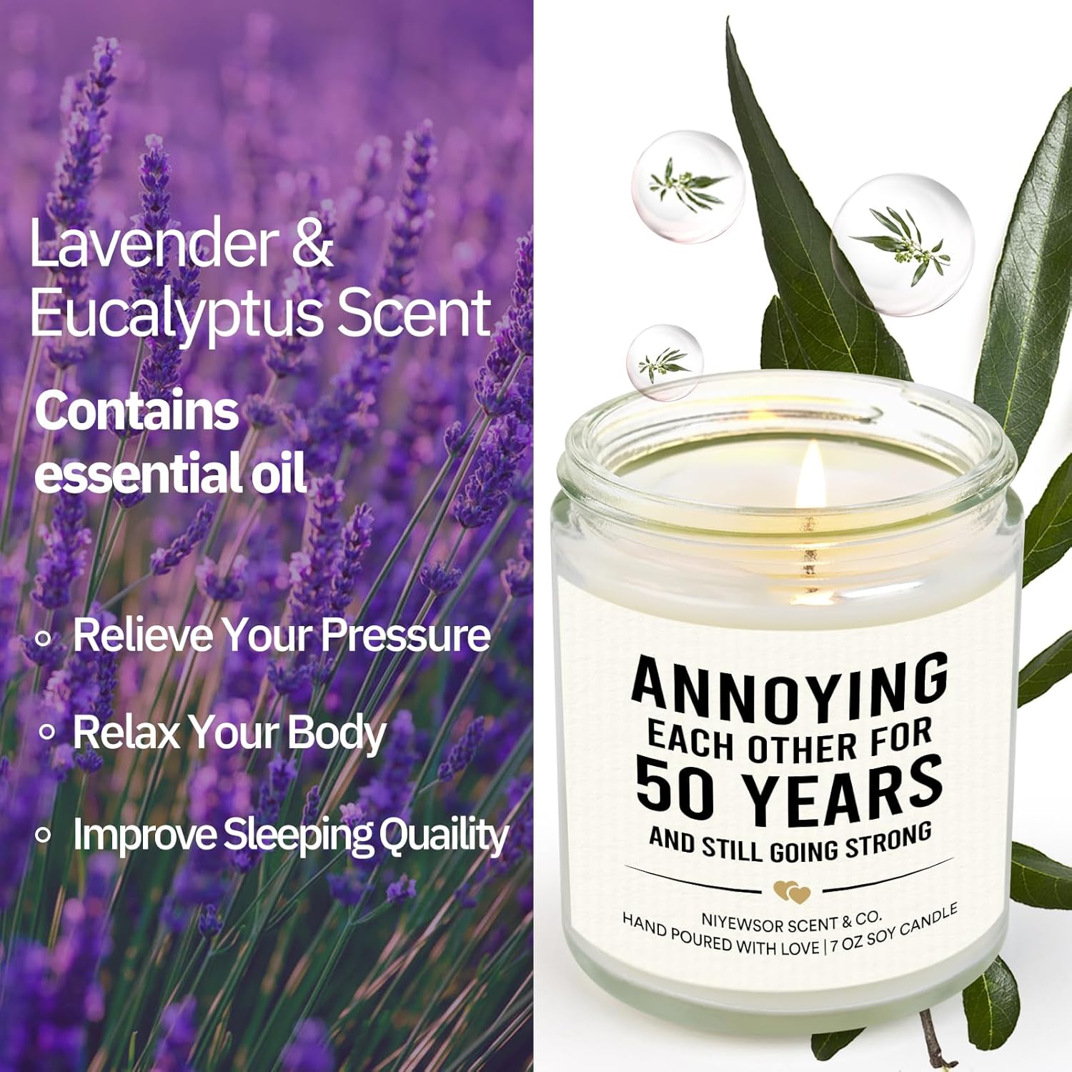 Niyewsor 50th Wedding Anniversary Couple Gifts, 50th Anniversary Candle Gifts for Couple, Parents, Husband, Wife, Him, Her, Friends, Golden Wedding Keepsake, Handmade, 7oz