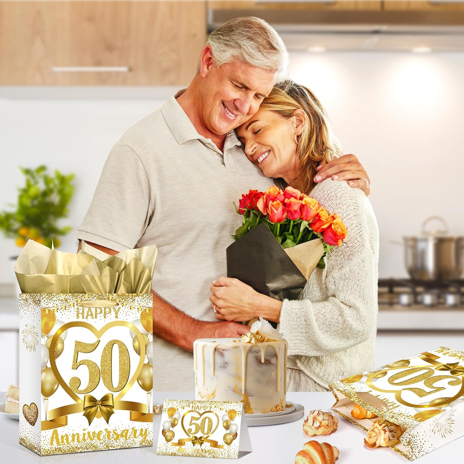 White Gold Happy 50th Anniversary Paper Gift Bag with Tissue Papers and Card, Gold Party Gift Wrapping Bag Treat Bag for Golden Wedding Anniversary Decorations