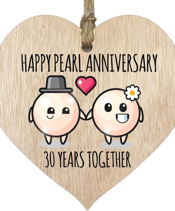 30th Wedding Anniversary Plaque Gift for Husband Wife - 30 Years Together - Happy Pearl Anniversary Wooden Heart for Women Men Partner, Light Wood Sign Keepsake Gifts